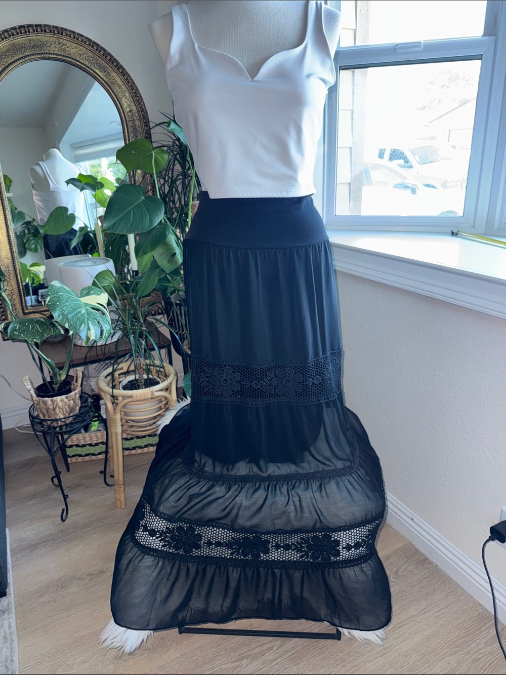 Vintage Bisou Bisou Black Maxi Skirt with Lace Panels